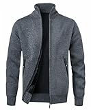 MeiLayM Herren Strickjacke Stehkragen Reißverschluß Pullover Weiches Plüschfutter Warm Sweatjacke Langarm Cardigan Feinstrick Herbst Winterjacke Grau,XL