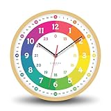 Cander Berlin MNU 2425 R Kinderwanduhr lautlos 25 cm Holzoptik analog Lernuhr Jungen Mädchen Kinderzimmer ohne Ticken bunt