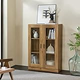 [en.casa] Vitrinenschrank Sorø Bücherregal mit 2 Glastüren und 3 Ablagen Hochschrank aus Spanplatte Schrank für Wohn- und Esszimmer Büro 80x31x115cm Eiche