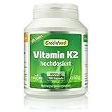 Vitamin K2 hochdosiert - mit 1000µg Vitamin K2 MK7 all trans pro Tag (150 vegane Kapseln) - für Knochenerhalt und eine normale Blutgerinnung - ohne Zusätze, Gentechnik, laborgeprüft - Greenfood