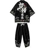 DOSLAVIDA Herren Japanischer Kimono Cardigan Anzug Chinesischer Stil Gedruckt Jacke Hosen Set Open Front Sieben Ärmel Top & Shorts, Style 3-schwarz, 5XL