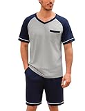 Irdcomps Schlafanzug Herren Pyjama Kurz Shorty Sommer Baumwolle Nachtwäsche Set Kurzarm Männer Schlafanzüge Navyblau L