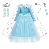 KANDEMY Mädchen Prinzessin ELSA Kostüm Eiskönigin Kleid mit Umhang Prinzessinnen ELSA Kleider Kinder Geburtstag Fasching Karneval Kostüme Cosplay Verkleidung Party Blau-D98 130