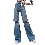 Gelb&Schwarz Jeanshose Mädchen Damen-Jeans mit hoher Taille, Jeanshose, hohe, gerade, lockere Retro-Jeans mit Lockerem Loch (Blue, M)