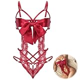 Telooco Damen Sexy Dessous Unterwäsche Frauen Lingerie Nachtwäsche Bodysuit Einteiler Dessous Erotische Unterwäsche Damen Spitze Hohl Dessous für Damen Frauen Party Outfit (Rot)