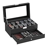 SONGMICS Uhrenbox, Uhrenkasten mit Glasdeckel, 2 Ebenen, für 12 Uhr, abschließbar, 1 Schublade, für Ringe, Armbänder, Geschenkidee, PU-Bezug in Schwarz, Innenfutter in Schwarz JWB012B03