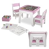 Juskys Kindersitzgruppe Milou - Set mit 2 Stühlen & 1 Tisch - Kindertisch Holz - Spieltisch mit Stauraum - Sitzgruppe für Kinder, Maltisch - Rosa