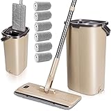 MASTERTOP Wischmopp Set mit Eimer, 2 in 1 Bodenwischer mit 138cm Edelstahlgriff und 6 Mikrofaser Moppkopf, Hand-Frei Wischmop & Putzeimer mit auswringfunktion für Hartholz Laminat Fliesen(Beige)