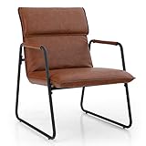 ALPHA HOME Leder Loungesessel Mid Century Modern Relaxsessel Weich gepolstert Polsterstuhl Lesesessel Polstersessel Stahlrahmen für Wohnzimmer Schlafzimmer Arbeitszimmer bis zu 136 kg, Braun