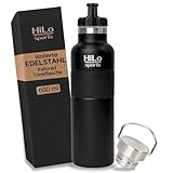 HiLo sports 600 ml Fahrradflasche Edelstahl Isoliert - Für Kunststoff Flaschenhalter - [Pulver Beschichtetes Edelstahl] - Fahrrad Trinkflasche mit 2 Verschlüssen - Thermo Radflasche (Schwarz)