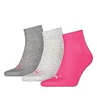 PUMA Unisex Plain 3p Quarter Socken, Middle Grey Melange / Pink, 35-38 EU