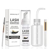 Reiniger für Wimpernverlängerung 50 ml + Bürsten + Spülflasche Reinigungsschaum für Augenlider, Wimpernschaum-Shampoo für Verlängerungen und natürliche Wimpern, Sulfat frei, Salon- und Heimgebrauch