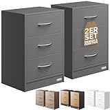 Casaria® Nachttisch 2er Set 54x39x28cm Holz 3 Schubladen Boxspringbett Schlafzimmer Wohnzimmer Beistelltisch Nachtschrank Nachtkästchen Tisch Grau