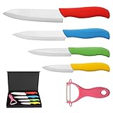 BelleStyle Keramikmesser Set, Professionelle Kochmesser Sets mit Mehrfarbig Ergonomischer Griff für Fleisch, Brot, Obst & Gemüse - 4 Teilig Keramik Messer und 1 Sparschäler