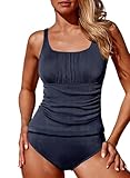 Aleumdr Tankini Damen Bauchweg Shape Badeanzug Damen Sexy Ribbed Bademode mit Bügel Zweiteiler Push Up Swimsuit Blau Größe Mittel