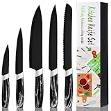 BEWOS Messerset, Schwarz Scharfe Edelstahl Küchenmesser Set, 5PCS Kochmesser ink. , Gemüsemesser, Schälmesser, Schneidemesser & Brotmesser, Spülmaschinenfeste ,