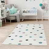 Jimri Kinderteppich DOTS l Pünktchen Gepunktet l Öko-Tex Siegel | Farbe: Beige Blau Rosa | Kinderzimmer/Jugendzimmer (White, 120x170 cm)