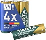 VARTA Batterien AA, wiederaufladbar, 4 Stück, Power on Demand Recharge Accu, Akku, 2100 mAh Ni-MH, ohne Memory Effekt, vorgeladen, in umweltschonender Verpackung, sofort einsatzbereit