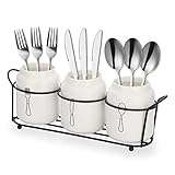 SUMNACON 3-teiliges Besteckkasten Keramik Besteckkorb Besteckhalter Utensilienhalter Keramikbesteck Metallgestell Löffelhalter Töpferware Organizer Arbeitsplatte Küchentisch Schrank Küche Weiß