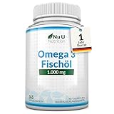 Omega 3 Fischöl 1000mg - 365 Kapseln Hochdosiert - 900mg EPA & DHA pro dosiert in Triglygerid-Form - Reines Fischöl aus Nachhaltigem Fischfang - Essentielle Omega 3 Fettsäuren - Nu U Nutrition