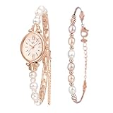 Clastyle Perlenuhren und Armband Set für Damen Rosegoldenes Damenuhren Ovales Zifferblatt Armbanduhren mit Perlenarmband Uhr Set Geschenk