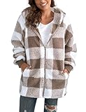 ABINGOO Damen Teddy Fleece Mantel Kariert Warm Winterjacke Kapuzenjacke Flauschig Plüschjacke Reißverschluss Sweatshirt mit Kapuze und Taschen(Beige,XL)