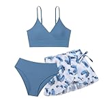 Mädchen Bikini Set,3-teilige Badeanzüge für Mädchen,Bikini Top+Shorts +Slips Badeanzug,Kinder Badebekleidung mit Blumenmuster Schwimmanzug,für 8-14 Jahre (#6-Blue, 11-12 Years)