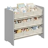 SONGMICS Kinderregal, Spielzeugregal, Bücherregal Kinder, mit 9 Aufbewahrungsboxen aus Vliesstoff, Kinderzimmer Regal, geräumig, 29,5 x 62,5 x 60 cm, taubengrau GKR033G10