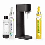 Sparpaket: Mysoda Woody - Wassersprudler aus erneuerbarem Holzkomposit mit 1L BPA-freier Plastikflasche, CO2-Zylinder Classic + CO2-Zylinder Zitrone (Schwarz)