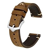 BISONSTRAP Uhrenarmband für Herren, Handgefertigte Stiche Leder Armband, Schnellverschluss, 22mm, Sattelbraun mit Silberner Schnalle