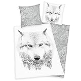 Klaus Herding GmbH Flanell Bettwäsche Set mit Wolf 155 x 220 cm 80 x 80 cm Übergröße