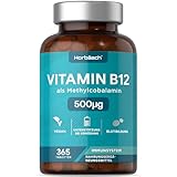 Vitamin B12 Tabletten 500µg | 1 Jahr Vorrat - 365 Vegane Stück | Hochdosiert Reines Methylcobalamin Supplement | von Horbaach