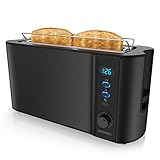 Arendo - Toaster Langschlitz 2 Scheiben - Defrost Funktion - 1000 W - Doppelwandgehäuse - Integrierter Brötchenaufsatz - Bräunungsgrade 1-6 – Display mit Restzeitanzeige - Edelstahl schwarz matt