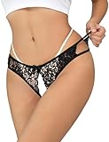 ohyeahlady Erotische Unterwäsche Damen mit Loch Unterhosen Damen im Schritt Offen Spitze String Tanga Damen Sexy Dessous Ouvert Slip Offen Frauen Hipster Höschen Reizwäsche Schwarz,M