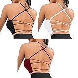 Vertvie Damen Sport BH Gepolstert Crossback Yoga Sports Bra Spaghettiträger Rücken Verkreuzt Gerippt Bustier Ohne Bügel Atmungsaktiv BH mit Abnehmbaren Cups(Schwarz+Weiß+Rot,M)