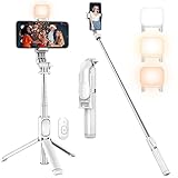 Selfie Stick mit Licht Weiß, Tupwoon 4 in 1 Erweiterbar auf 104cm Selfie-Stange mit Kabelloser Fernbedienung, Mini Selfiestick Kompatibel mit iPhone, Android für Selfie, Reisen, Vlog, Video