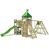 FATMOOSE Spielturm Ritterburg RiverRun Royal mit SurfSwing, Schaukel & apfelgrüner Rutsche, Outdoor Kinder Kletterturm mit Sandkasten Leiter & Spiel-Zubehör für den Garten