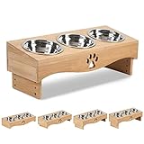 Katzennapf 3er Set Höhe Verstellbar, Futterstation Katze 3 Näpfe, Edelstahl Fressnapf auf Holz Ständer, 15° Ergonomischer Futternapf für Katzen und kleine Hunde