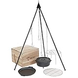 BBQ-Toro 6-teiliges Dutch Oven Kit in Holzkiste | Gusseisen, bereits eingebrannt - preseasoned | Set aus Topf, Pfanne, Grillrost und Dreibein | Für Camping, Outdoor, Garten und Terrasse