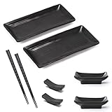 8 PCS Sushi Geschirr Set, 2 Personen Sushi Platte Schiefer mit Dipschalen, Sushi Platte Schiefer mit Dipschalen, Japanisches Geschirr, Ablagebänkchen Dipschalen Schiefertellern, 21 × 10cm, Schwarz