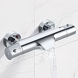 Solepearl Wasserfall Badewannenarmatur mit Thermostat 2 Auslässen Duscharmatur für Dusche und Badewanne, Chrom Mischbatterie Dusche Thermostat mit 38 °C Sicherheitstaste, Wannenarmatur 20-50℃