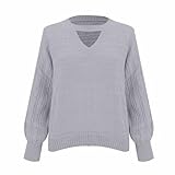 Weihnachtspullover für Damen, lässiger Langarm-Pullover, Choker-Ausschnitt, Herbst-Pullover, übergroße Schultern, Strick-Top, weicher V-Ausschnitt, grau, L