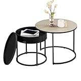 VASAGLE Couchtisch rund, 2er Set, Beistelltisch, Satztisch, modern, versteckter Stauraum, Tablett, für Wohnzimmer, Schlafzimmer, Balkon, naturbeige-tintenschwarz LCT044K67