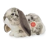 Teddy Hermann 93797 Hase Widder-Kaninchen liegend grau-Weiss gescheckt 30 cm, Kuscheltier, Plüschtier mit recycelter Füllung