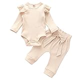 Geagodelia Babykleidung Set Baby Mädchen Kleidung Outfit Langarm Body Strampler + Hose Neugeborene Weiche Einfarbige Babyset T-45461 (Beige, 0-6 Monate)