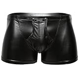 Herren Boxershorts Leder Optik Vinyl Wetlook sexy Unterwäsche, Reizwäsche für Männer, Clubwear Shorts Pants Front Pouch mit Druckknöpfe Schwarz Latex ähnlich (XL)