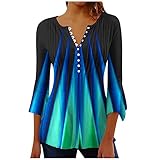 Damen-Top, ausgestellte Ärmel, halber Knopf, Henley-T-Shirt, V-Ausschnitt, plissiert, Tunika, Shirt, elegant, Schößchen, Bluse, locker, Frühling, Sommer, Pullover, bequem, Unterhemd, Büro, Strand,