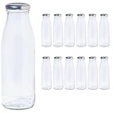 Vitrea 12 leere Glasflaschen 500ml Schraubverschluss Silber - Milchflaschen, Saftflaschen, Flaschen zum Befüllen mit Deckel - für, Saft, Smoothies, Öl - 12 Stück, TO48, Milch