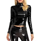 KKvoPiQ Damen Langarm Kurzes Top - Glänzend Langarmshirt Bauchfrei Bluse - Schmal Geschnittene Rollkragen Crop Top Mit Stehkragen Für Clubwear - Lässige Rollkragenoberteile Pullover Party Tanktops