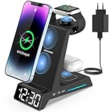 Wireless Charger,4 in 1 Wecker mit Kabellose Ladestation,Induktive Ladestation für Apple Watch und iPhone,für iPhone 15 14 13 12 11 Pro/Samsung Ladegerät,Apple Watch 9/8/7/6/SE/Ultra,AirPods Pro/3/2